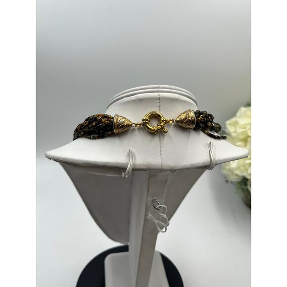 MultiStrand Brown Black Seed Bead Beaded Necklace Gold Tone Large Closure - Picture 5 of 9